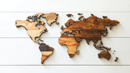 A wooden world map is displayed on a white background. The map is made of wood and has a rustic feel to it. The map is not a traditional paper map, but rather a wooden carving of the worldの素材