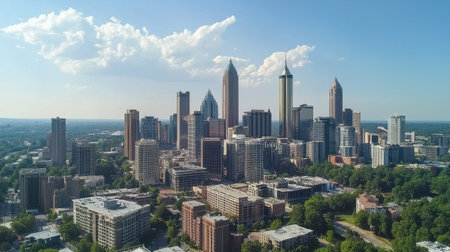 A city skyline with a clear blue sky. The city is full of tall buildings and treesの素材