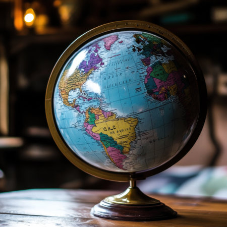 A globe sits on a wooden table. The globe is blue and has a gold base. The globe is a representation of the Earth and is a useful tool for learning about geographyの素材