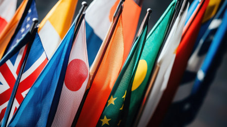 A row of flags from different countries are displayed. The flags are of various sizes and colors, and they are arranged in a way that creates a sense of unity and diversityの素材