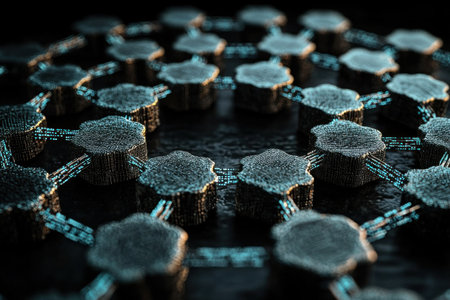 A close up of a complex network of black and blue cubes. The cubes are connected to each other in a circular pattern, creating a sense of unity and interdependenceの素材