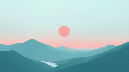 A mountain range with a large pink sun in the sky. The sun is setting and the sky is a beautiful blue colorの素材
