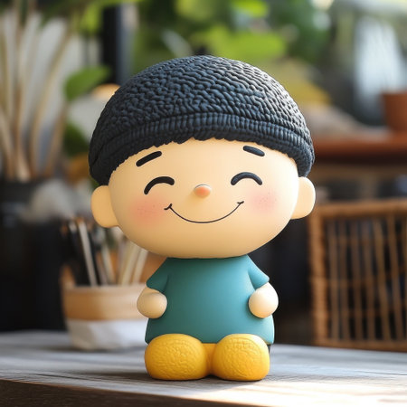 A small, smiling boy wearing a blue shirt and a black hat. The boy is sitting on a tableの素材