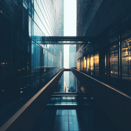 A cityscape with a glass bridge in the middle. The bridge is surrounded by tall buildings and the sky is visible in the background. Concept of awe and wonder at the impressive architectureの素材