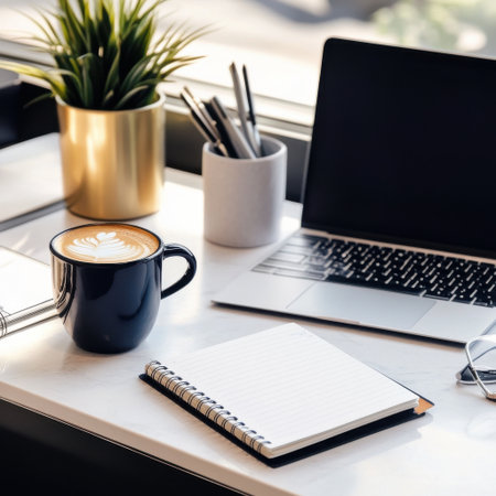 A laptop and a notebook sit on a table with a cup of coffee. The coffee cup is filled with a latte, and the notebook is open to a blank page. The scene suggests a quiet and focused atmosphereの素材