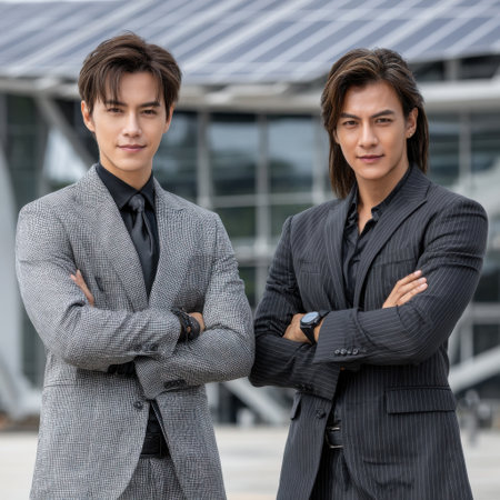 Two men in suits are posing for a photo. One of them is wearing a watch. Scene is formal and professionalの素材