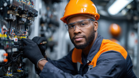 A man in a safety helmet and orange vest is working on a machine. He is focused on his task and he is in a serious moodの素材