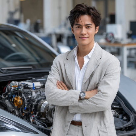 A man in a white shirt and tan jacket stands next to a car engine. He is smiling and he is proud of the carの素材
