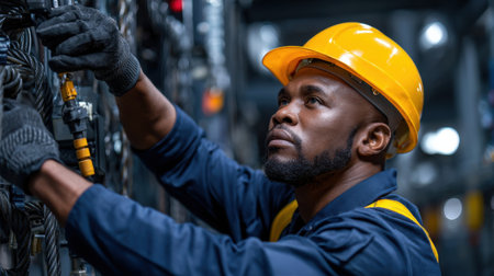 A man in a yellow hard hat is working on a machine. He is wearing a blue shirt and black glovesの素材