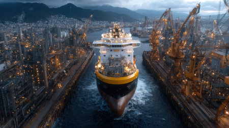 A large ship is in the water near a city. The ship is yellow and black. The city is lit up at nightの素材