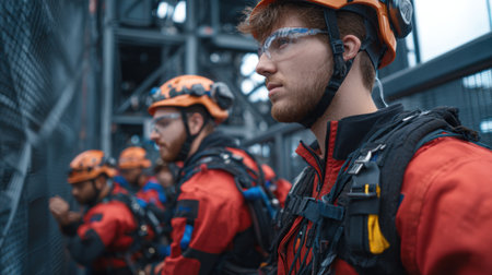 A group of men in orange and black safety gear. One of them is wearing a helmet. They are standing in front of a fenceの素材