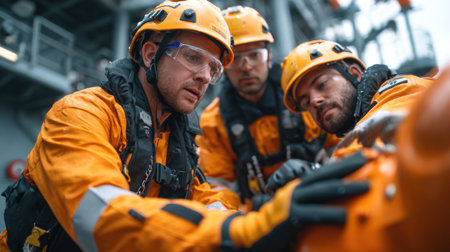 Three men in yellow safety gear are working on a piece of equipment. Scene is serious and focused, as the men are likely working on a critical taskの素材
