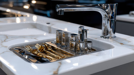 A sink with silverware and a faucet. The sink is made of marble and has a shiny surfaceの素材