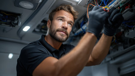 A man is working on a circuit board. He is wearing a black shirt and black gloves. Concept of focus and concentration as the man works on the electrical componentsの素材