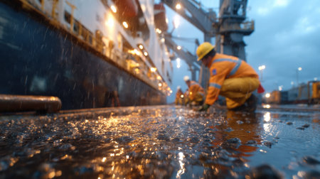 A man in a yellow and orange safety suit is kneeling in the rain on a dock. He is working on a shipの素材