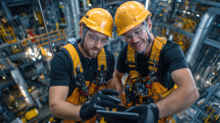 Two men wearing yellow helmets and safety gear are looking at a tablet. They are likely workers in a hazardous environment, such as a construction site or a factoryの素材