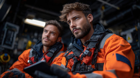 Two men in orange jackets are sitting next to each other, one of them holding a cell phone. Scene is serious and focusedの素材