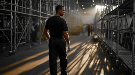 A man in a black shirt and black pants walks through a warehouse. The warehouse is empty, and the man is the only person in the sceneの素材