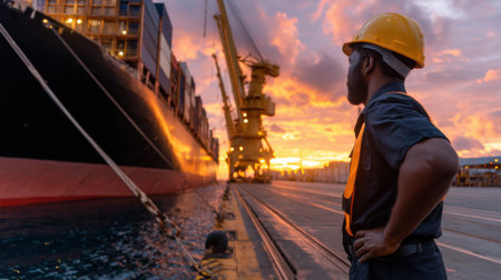 A man in a yellow helmet stands on a pier looking out at a large ship. The scene is set at sunset, creating a mood of calmness and serenity. The man's posture suggests that he is focused on somethingの素材