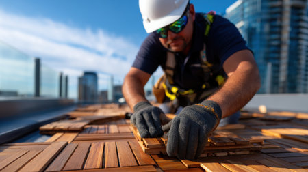 A man in a hard hat and safety glasses is laying down wooden boards. He is wearing gloves and he is working on a roofの素材