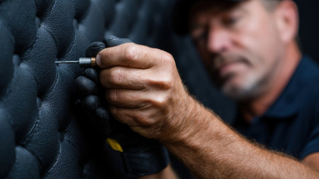 A man is fixing a piece of furniture with a screwdriver. He is wearing gloves and has a serious expression on his faceの素材