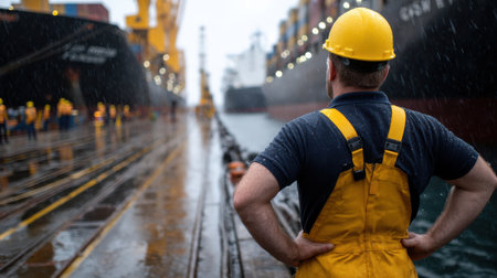 A man in a yellow safety helmet stands on a wet dock, looking out over the water. The scene is likely a busy port, with many workers and ships in the areaの素材