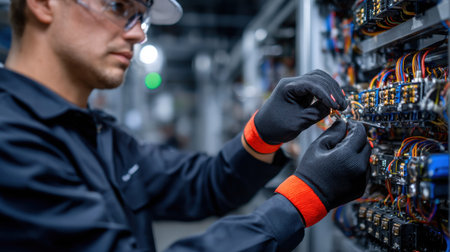 A man in a black shirt and safety glasses is working on electrical wires. He is wearing black gloves and has a red band on his wristの素材