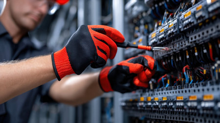 A man is working on a power box with his hands in red gloves. Concept of caution and precision as the man carefully handles the electrical componentsの素材