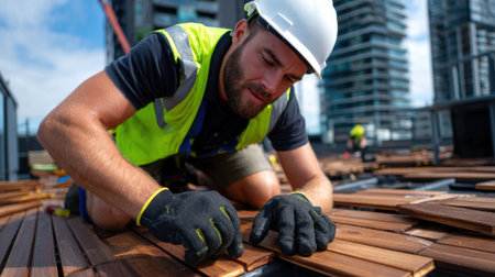 A man in a yellow vest is laying on his back on a wooden floor. He is wearing a hard hat and glovesの素材