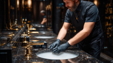A man is washing his hands at a sink. He is wearing gloves and is using a soap dispenserの素材
