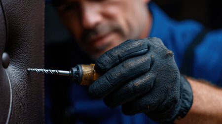 A man in a blue shirt is using a drill to make a hole in a leather couch. Concept of determination and focus as the man works to complete his taskの素材