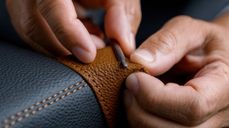A person is sewing a leather strap. The strap is brown and black. The person is using a needle and thread to sew the strapの素材