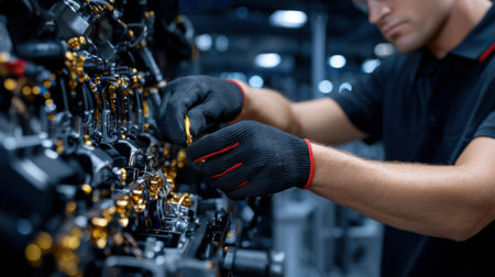 A man in a black shirt is working on a machine. He is wearing black gloves and has a serious expression on his faceの素材