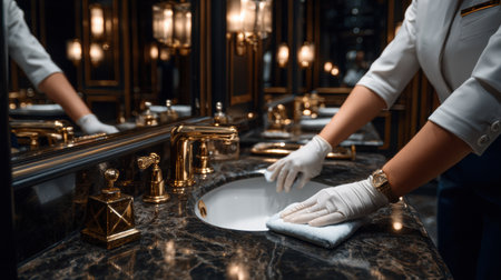 A woman is cleaning a sink in a bathroom. She is wearing gloves and a watch. The sink is made of marble and has a gold faucetの素材