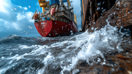 A large red ship is in the water with a splash of water behind it. The splash of water creates a sense of movement and energyの素材