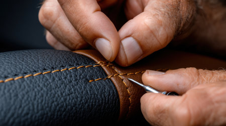 A man is sewing a leather strap. The strap is black and brown. The man is using a needle and thread to stitch the strapの素材