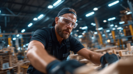 A man wearing a black shirt and safety glasses is working on a piece of wood. Concept of focus and determination as the man carefully handles the woodの素材