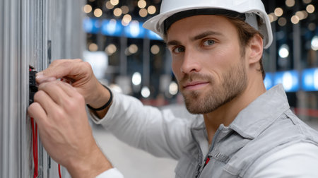 A man in a white shirt and a hard hat is fixing a light switch. He is smiling and he is enjoying his workの素材