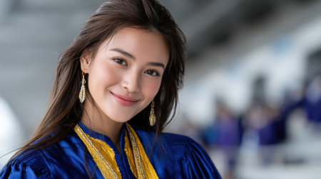 A woman wearing a blue and yellow outfit is smiling. She is wearing gold earrings and a gold necklaceの素材