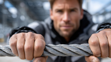 A man is holding a rope in his hands. He is wearing a black jacket and a grey hoodieの素材