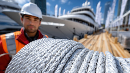 A man wearing a white hat and orange jacket is holding a rope. The rope is white and has a silver stripe. The man is standing on a pier, and there are several boats in the backgroundの素材