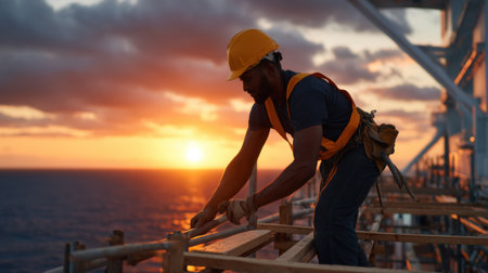 A man in a yellow hard hat is working on a construction site. The sun is setting in the background, casting a warm glow over the scene. The man is focused on his taskの素材