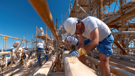 A man in a hard hat is working on a wooden beam. There are other workers around him, some of whom are also wearing hard hats. The scene is busy and active, with everyone focused on their tasksの素材