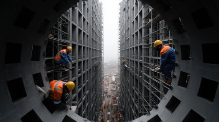A group of construction workers are working on a building. Scene is serious and focused, as the workers are all wearing safety gear and working diligently. The idea of the image is that of hard workの素材
