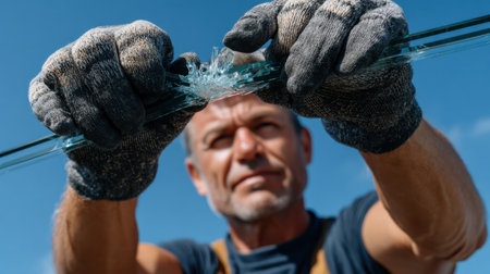 A man is fixing a broken window with a pair of gloves on. The man is focused on the task at hand and he is in a serious moodの素材