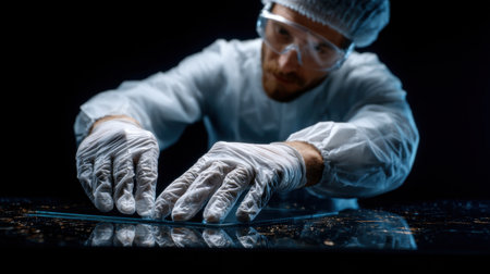 A man in a lab coat is wearing gloves and goggles as he works on a glass surface. Concept of caution and precision, as the man is likely handling delicate or hazardous materialsの素材