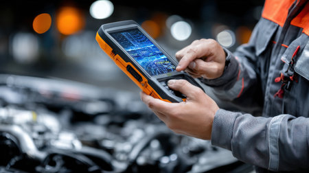 A man is holding a tablet in his hand and is looking at it. He is wearing a grey jacket and orange pantsの素材