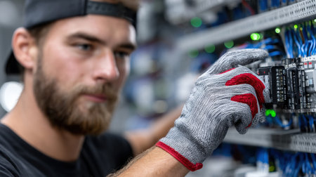 A man wearing a black shirt and a hat is working on a computer. He is wearing gloves and is focused on his workの素材