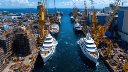 A large number of ships are docked in a harbor. The ships are of various sizes and colors, and they are all in the process of being built or repaired. The harbor is bustling with activityの素材