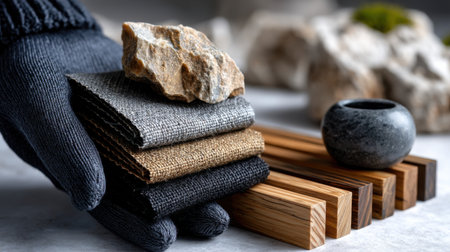 A person is holding a pile of fabric and a rock. The scene is set on a table with a vase and a bowl. Scene is calm and peaceful, as the person is surrounded by natural elements like the rockの素材